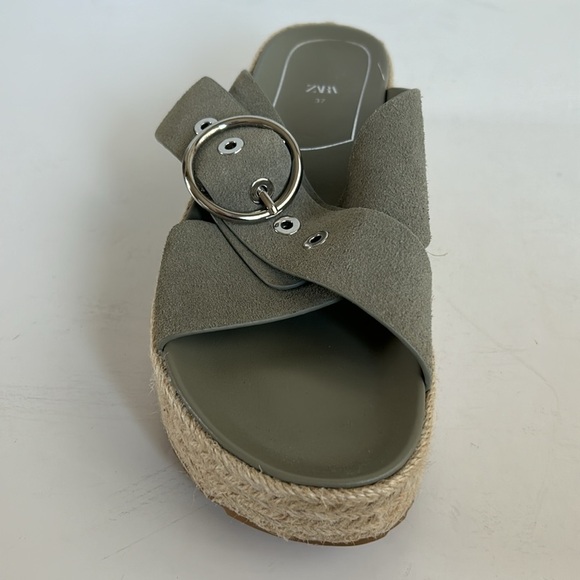 Zara espadrille platform sandal slide silver buckle sage gray green suede - Picture 11 of 16